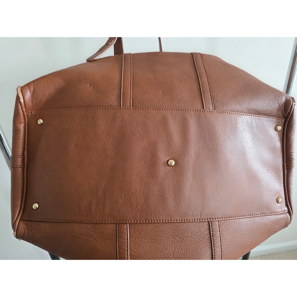Sole Society Cassi Cognac Brown Vegan Leather Weekender Duffel Bag Leopard Lined - Picture 10 of 13